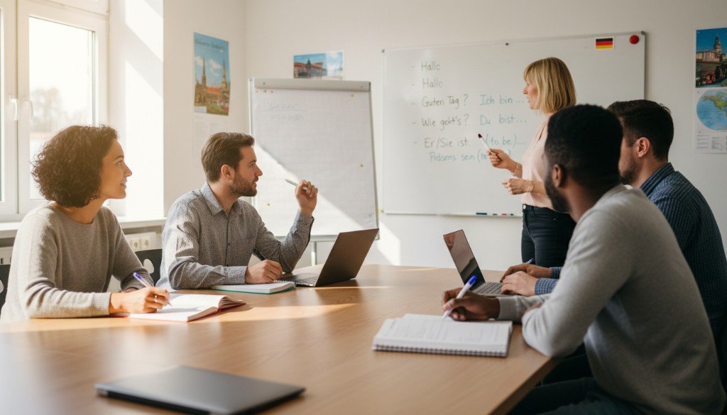 Deutschunterricht – Teilnehmer und Dozentin in einer hellen, modernen Lernumgebung